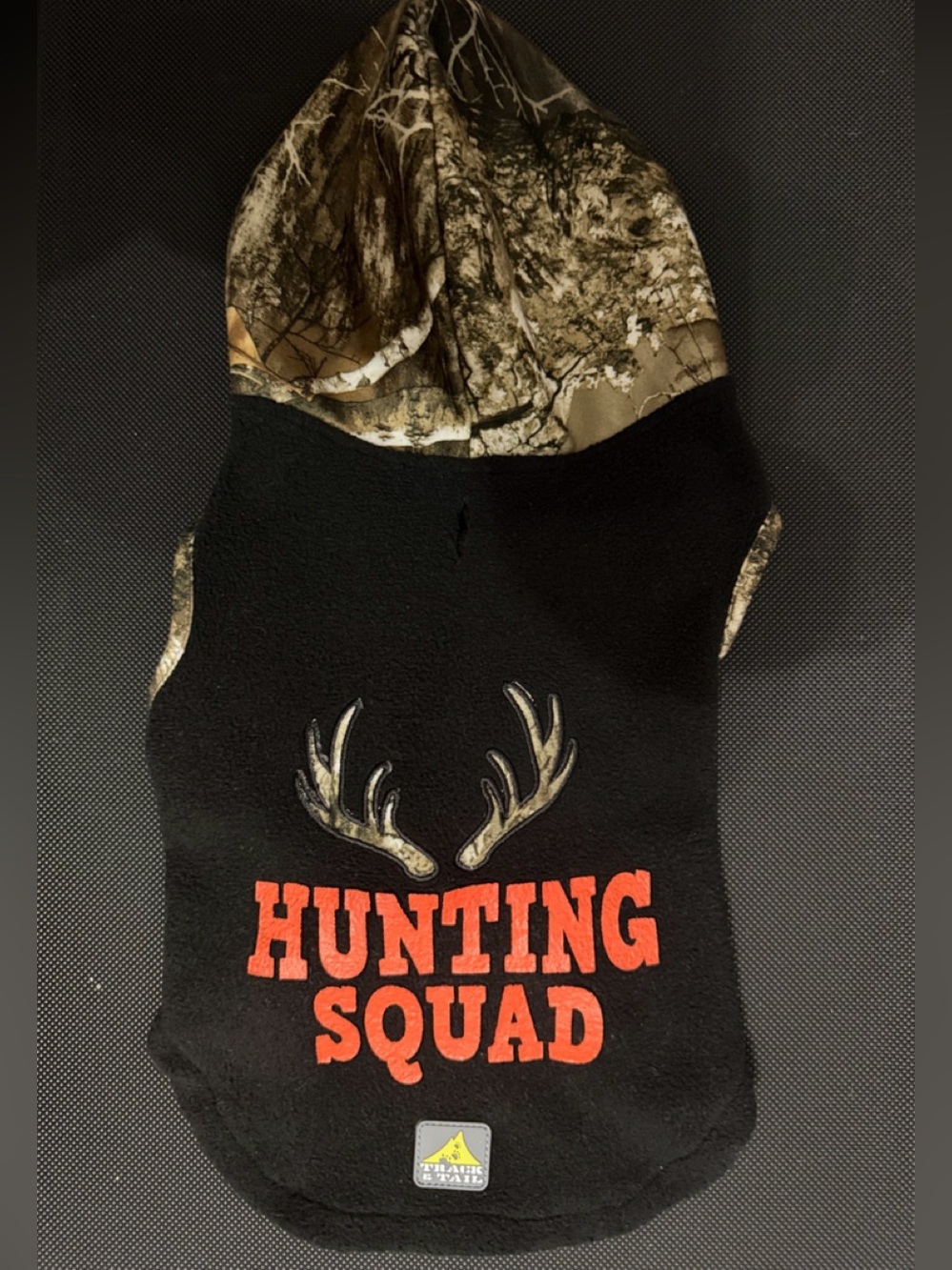 Track & Tail “Hunting Squad” black fleece dog camouflage hoodie